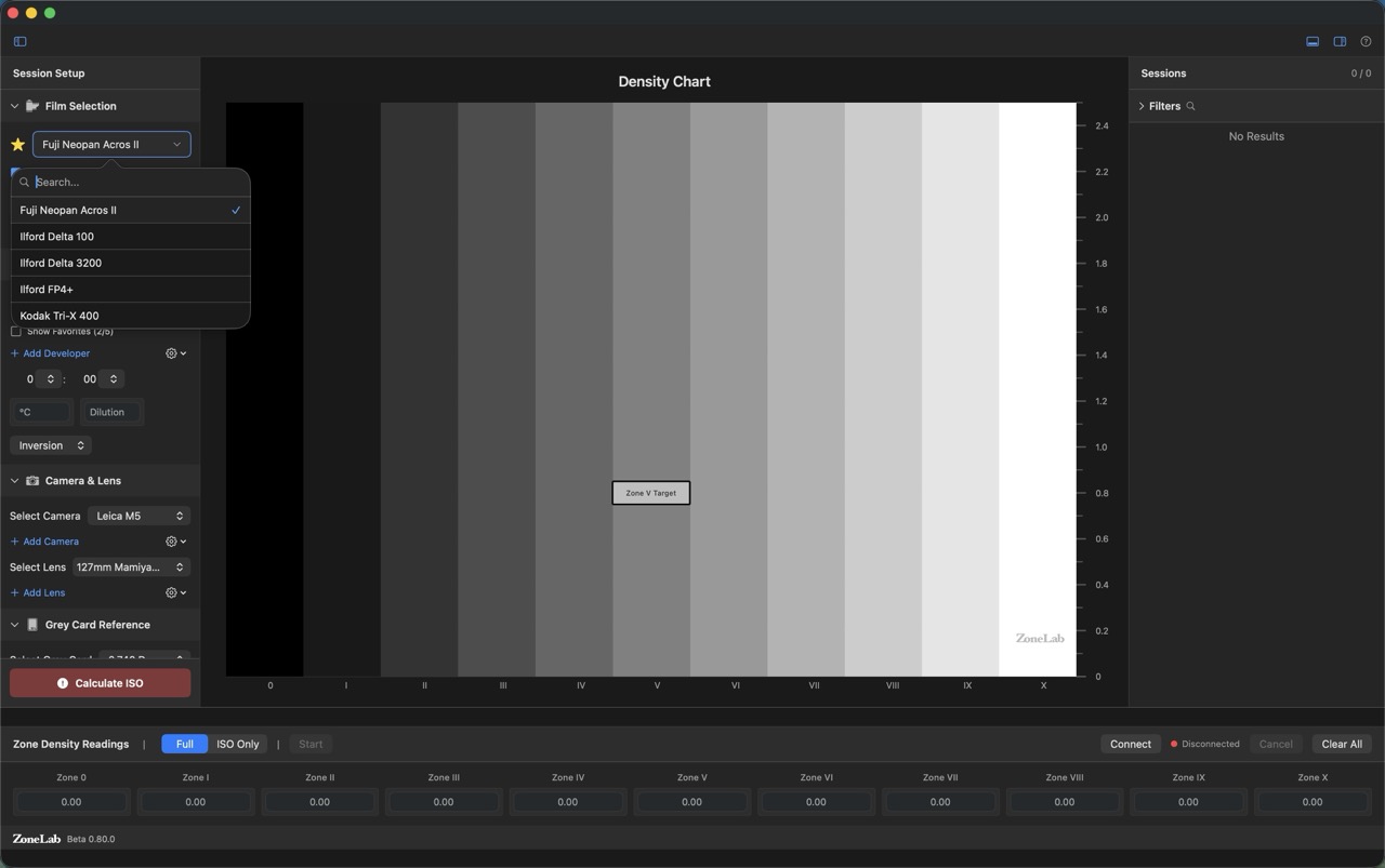 Session Setup: Film dropdown