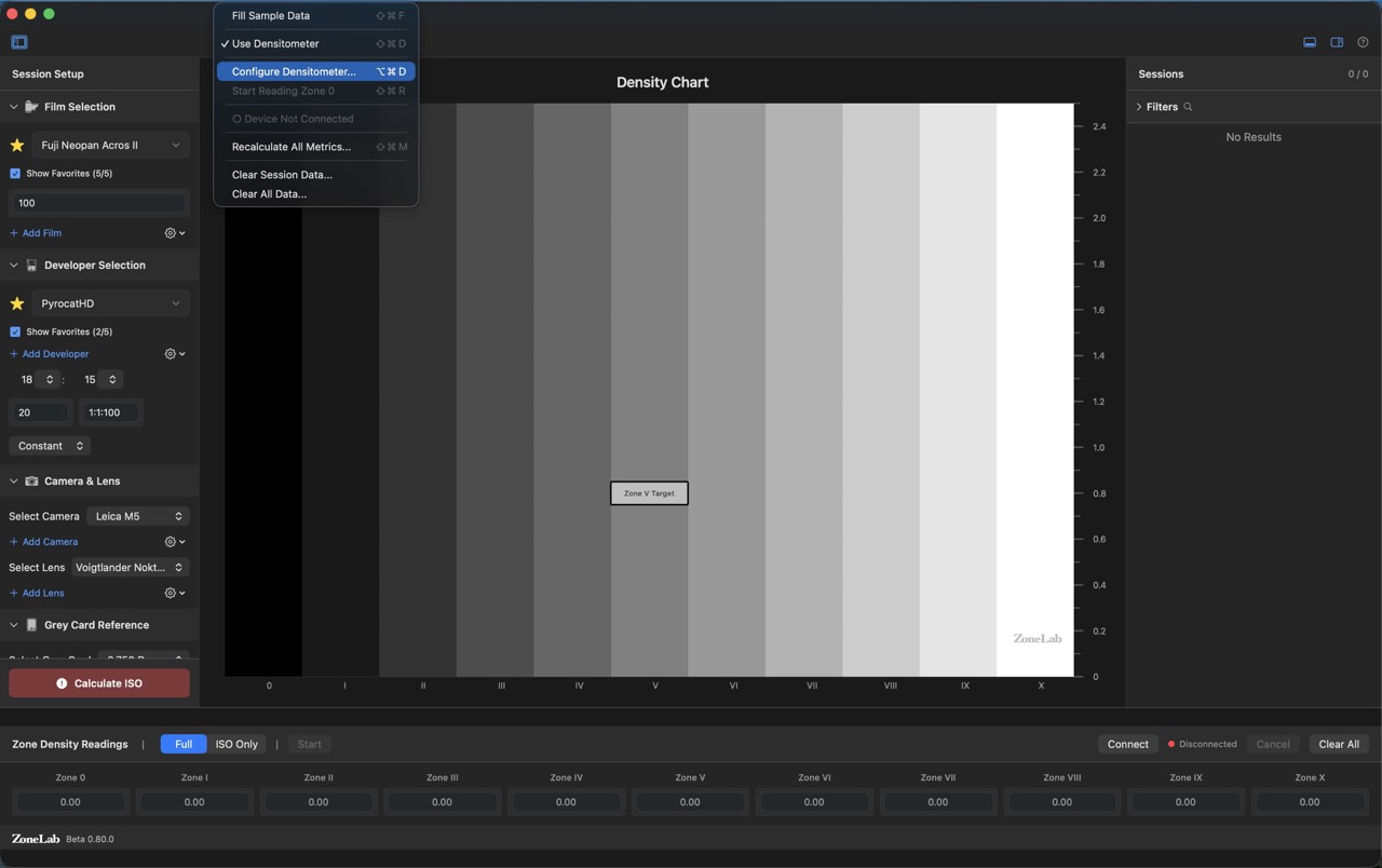 Input menu: enabling and configuring the densitometer